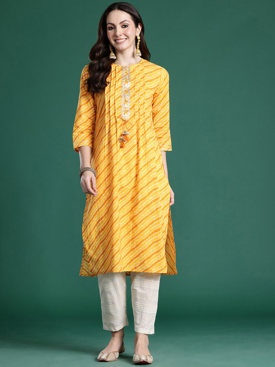 Indo Era Leheriya Printed Mirror Work Pure Cotton Kurta