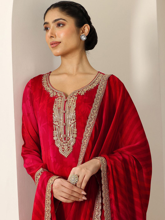 Libas Womens Red Printed Chiffon Anarkali Kurta With Trousers & Dupatta