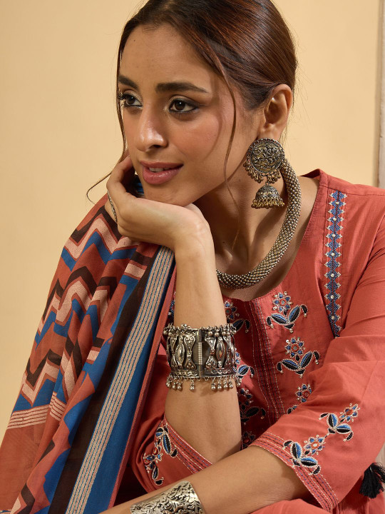 Indo Era Women Floral Embroidered Regular Pure Cotton Kurta with Trousers & Dupatta