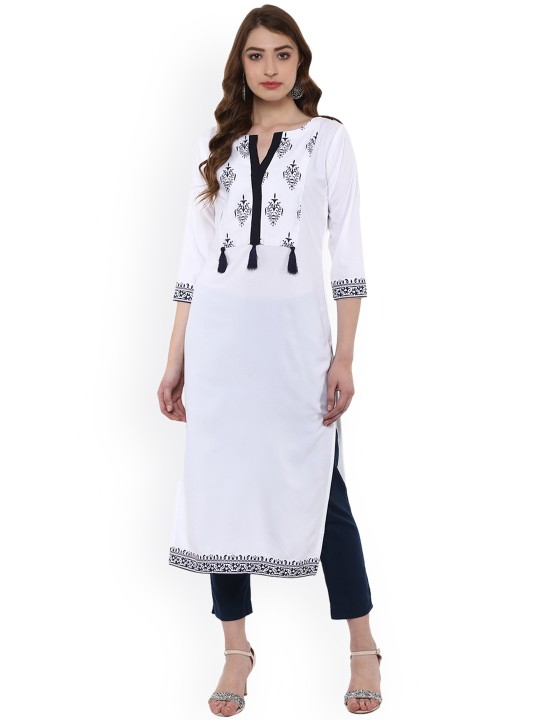 Women White Printed Straight Kurta S