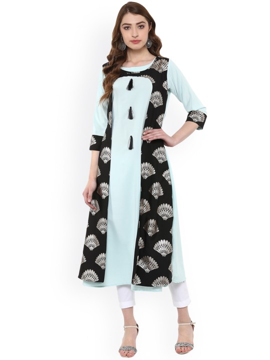 Women Blue & Black Solid A-Line Kurta L