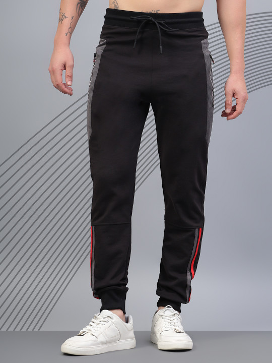 AKTIO Men Cotton Mid Rise Mesh-Block Bottom Dual-Stripes Joggers