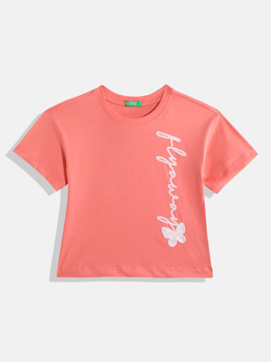 United Colors of Benetton Girls Sequine Embroidered Pure Cotton Top