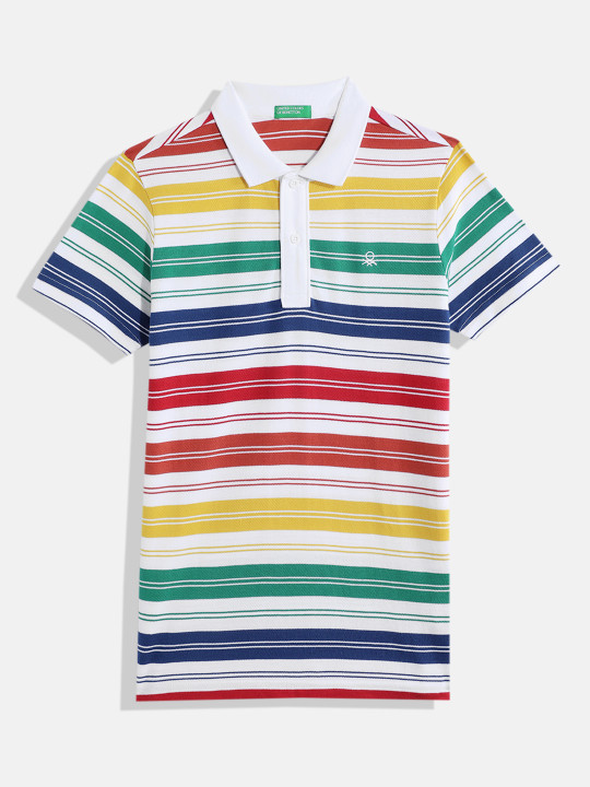 United Colors of Benetton Boys Pure Cotton Striped Polo Collar T-shirt