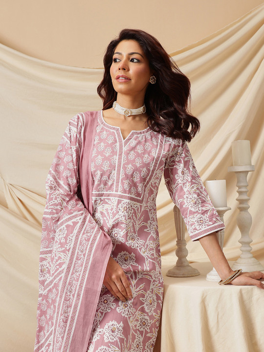 Ginni Arora Label Women Floral Printed Cotton Kurta with Trousers & Dupatta