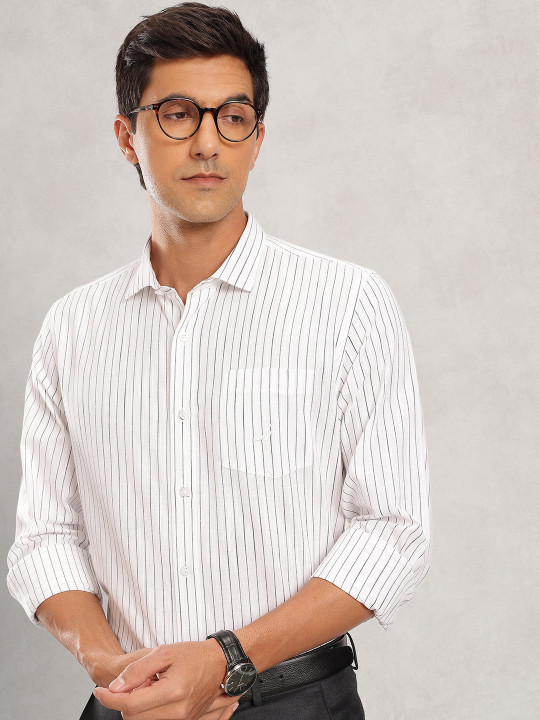 Nautica Men Premium Slim Fit Striped Cotton Linen Formal Shirt