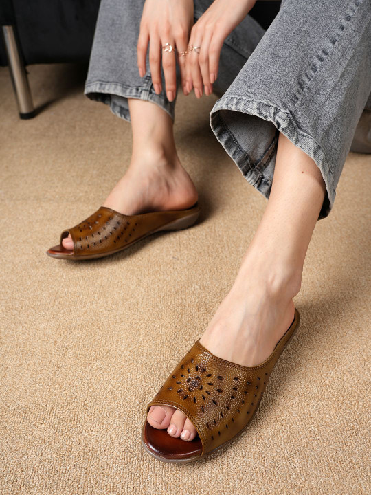 Bella Rosa Women Textured Open Toe Flats with Laser Cuts