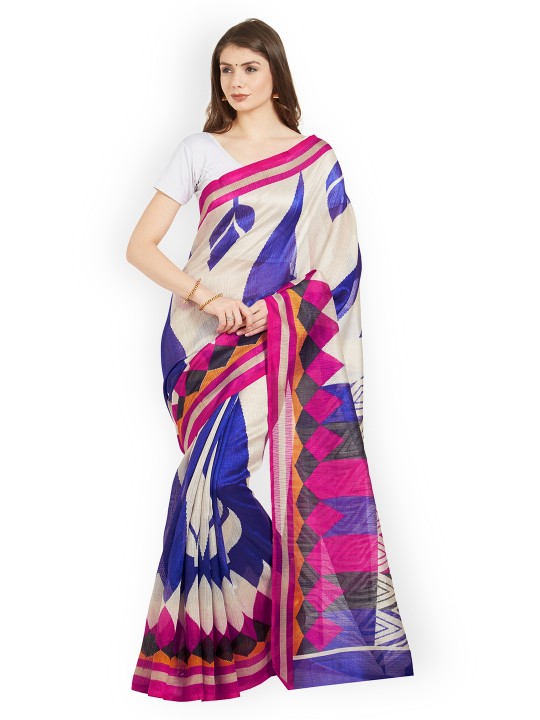 Cream-Coloured & Pink Art Silk Printed Saree