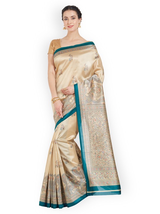 Beige & Teal Art Silk Printed Saree