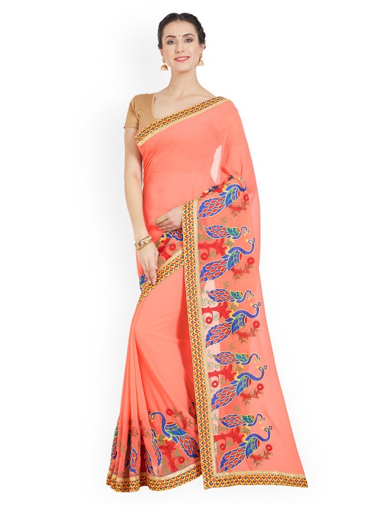 Orange & Blue Poly Chiffon Embroidered Saree