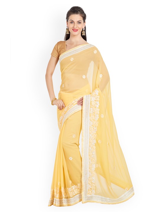 Yellow & White Poly Chiffon Embroidered Saree