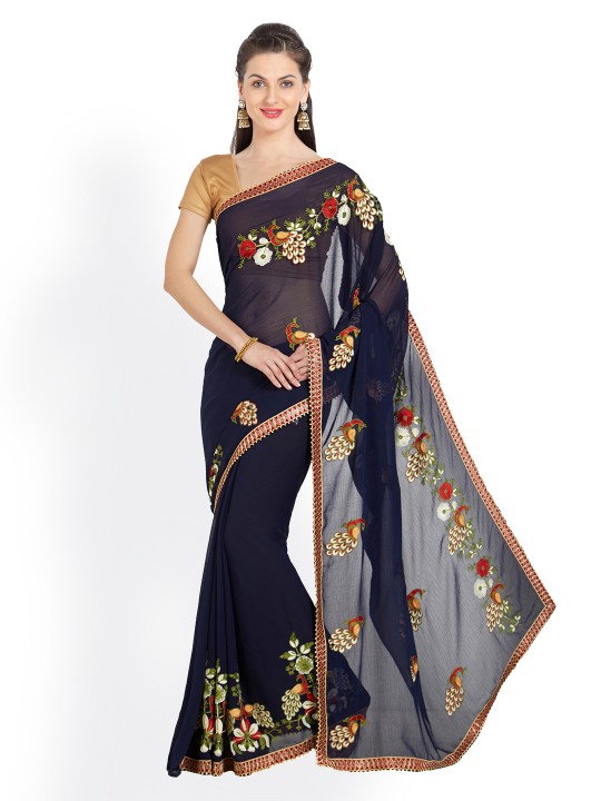 Navy Blue & Red Poly Chiffon Embroidered Saree
