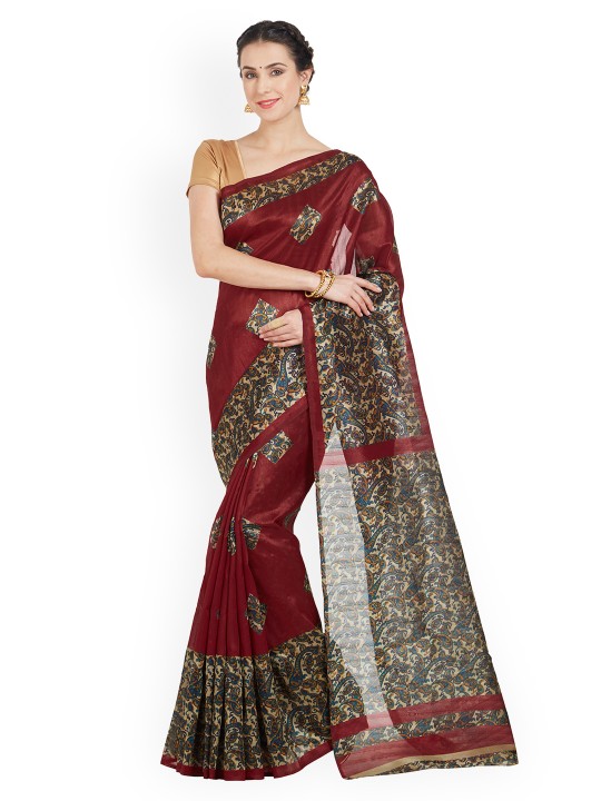 Maroon & Teal Polycotton Printed Saree