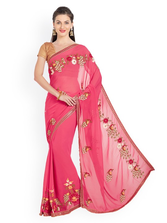 Pink & Off-White Poly Chiffon Embroidered Saree