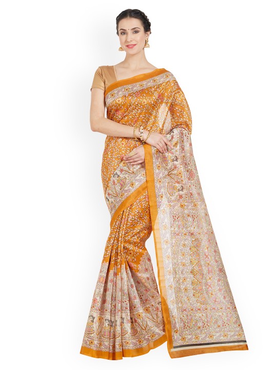 Mustard & Off-White Polycotton Printed Saree
