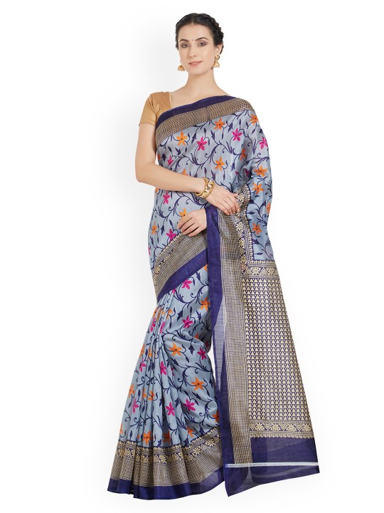 Blue & Pink Polycotton Printed Saree