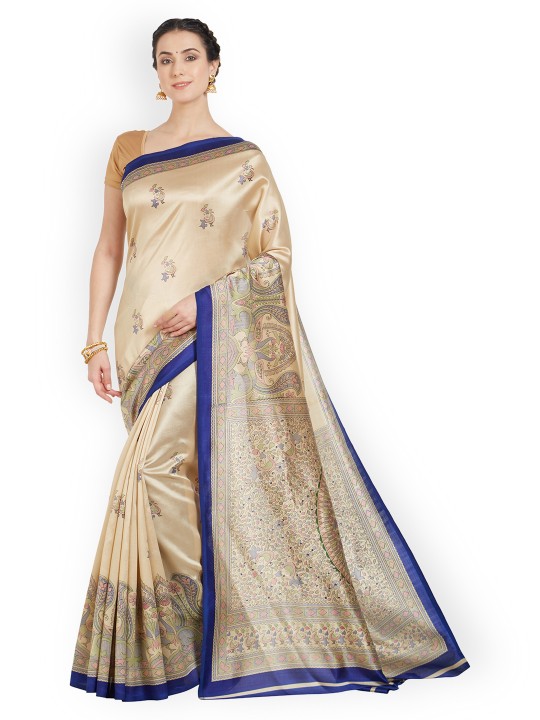 Beige & Blue Art Silk Printed Saree