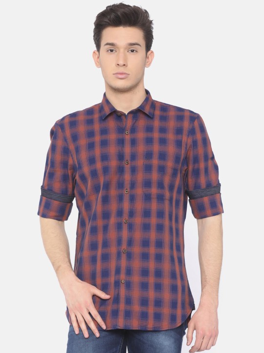 Men Navy Blue & Rust Red Slim Fit Checked Casual Shirt 39