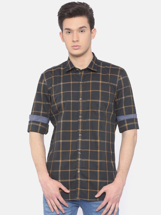 Men Charcoal Black & Mustard Yellow Slim Fit Checked Casual Shirt 39