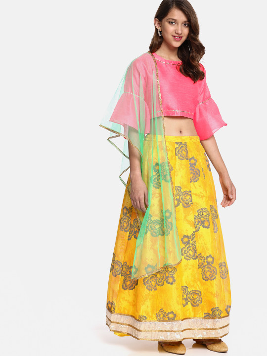 Girls Pink & Mustard Yellow Printed Ready to Wear Lehenga & Blouse with Dupatta