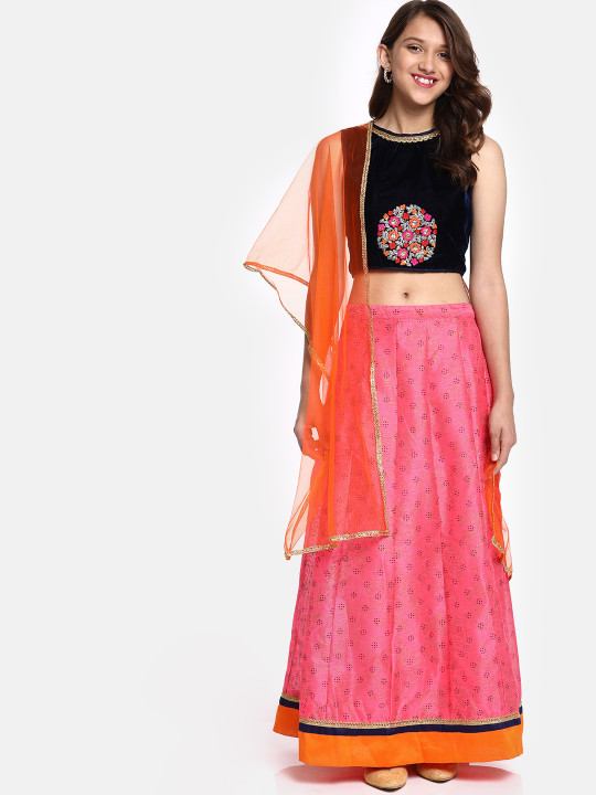 Girls Navy Blue & Pink Embroidered Ready to Wear Lehenga & Blouse with Dupatta