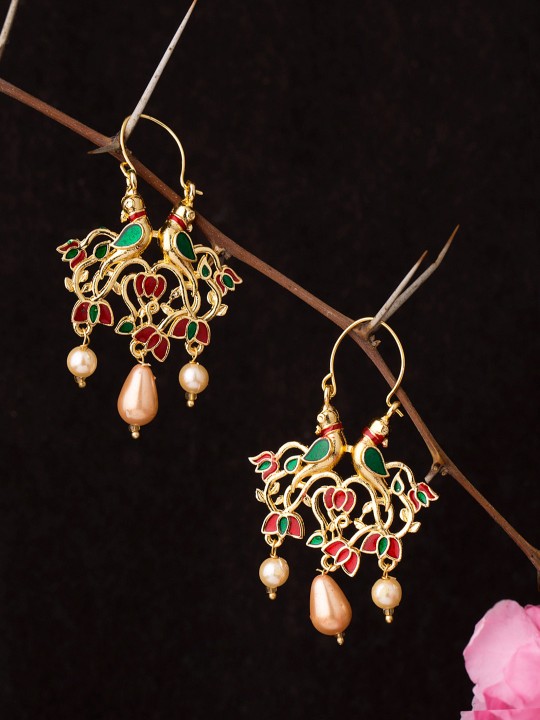 Gold-Toned & Red Floral Drop Earrings