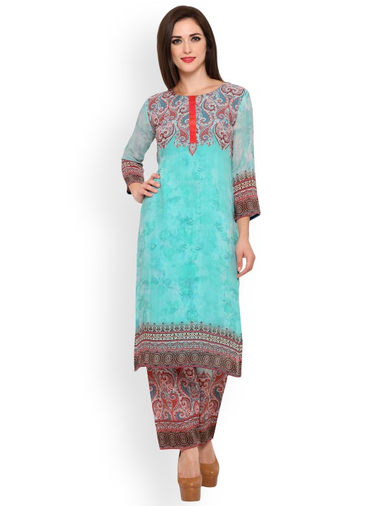 Women Sea Green & Maroon Printed Kurta Pyjamas S