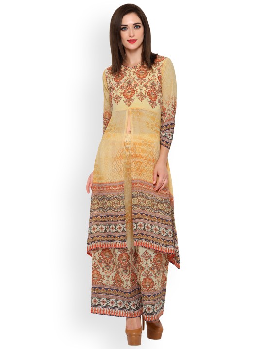 Women Mustard Printed Kurta with Palazzos S