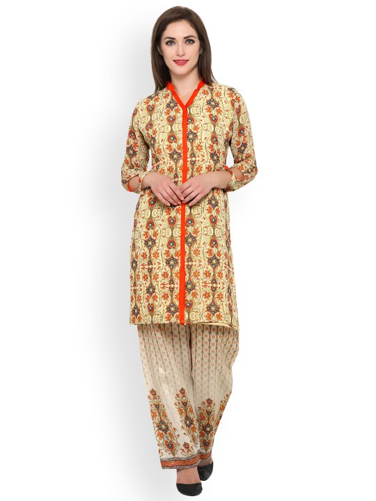 Women Beige Printed Kurta Pyjamas S