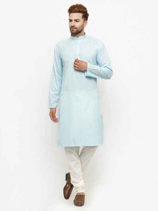 Men Blue & White Solid Kurta with Churidar S