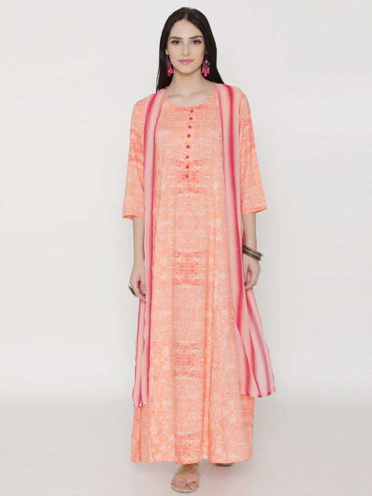 Women Coral Orange Printed Maxi Dress With Shrug | Desertcart Cayman Islands