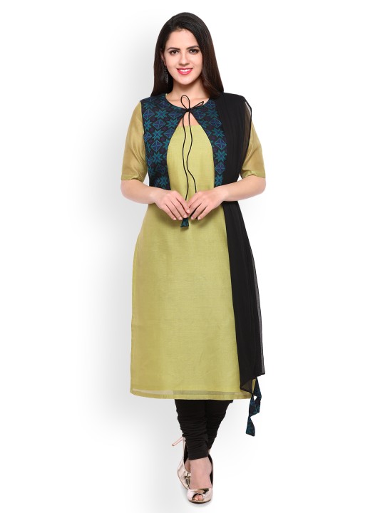 Women Green & Black Solid Kurta with Churidar & Dupatta M