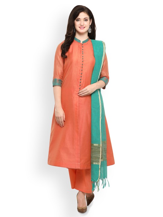 Women Coral & Sea Green Solid Kurta with Palazzos & Dupatta M