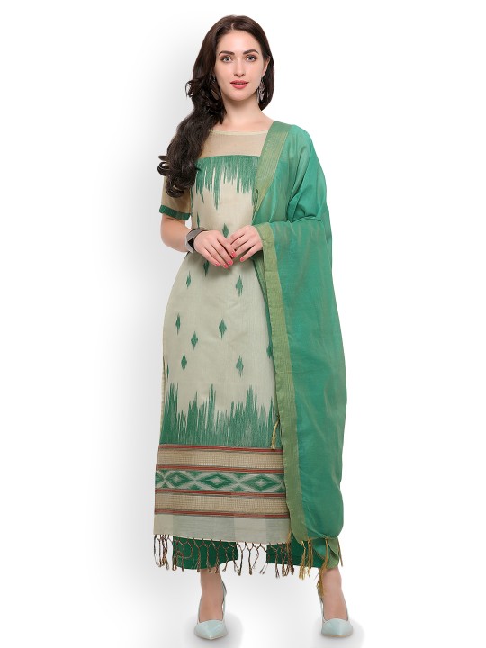 Women Green & Cream-Coloured Printed Kurta with Palazzos & Dupatta M