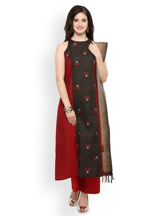 Women Red & Grey Embroidered Kurta with Palazzos & Dupatta M