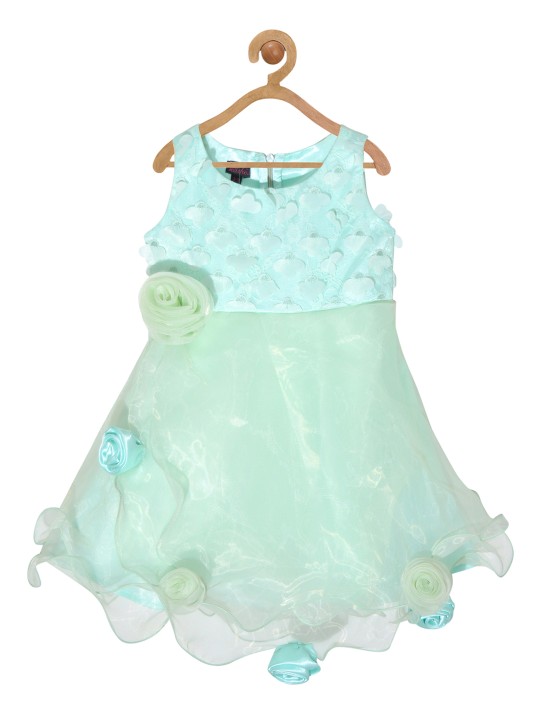 Girls Sea Green Self Design Fit and Flare Dress 1-2Y