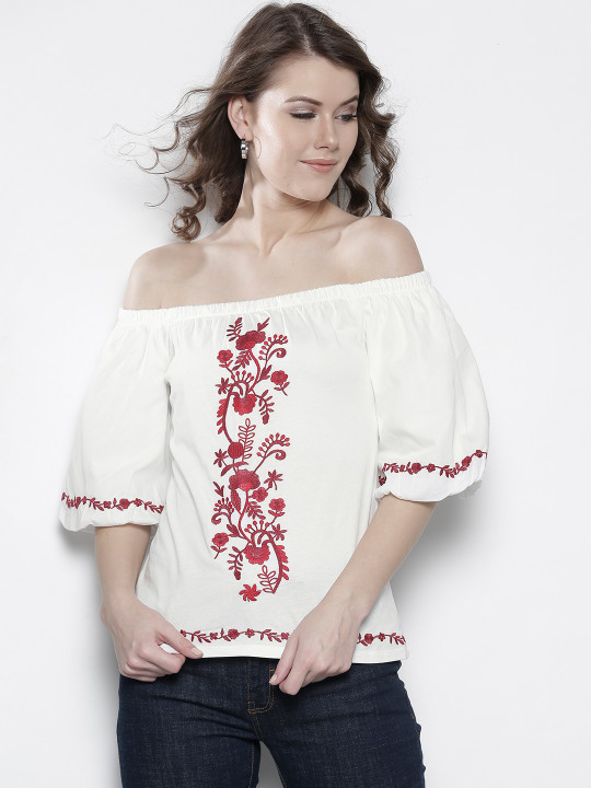 Women White Embroidered Bardot Top M