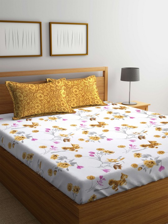 Off-White & Pink Floral Flat 160 TC Cotton 1 Queen Bedsheet with 2 Pillow Covers