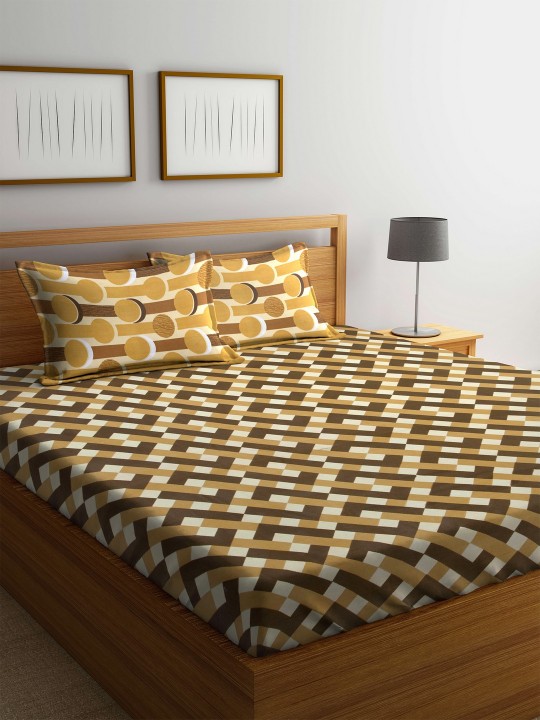 Beige & Olive Green Geometric Flat 160 TC Cotton 1 Queen Bedsheet with 2 Pillow Covers