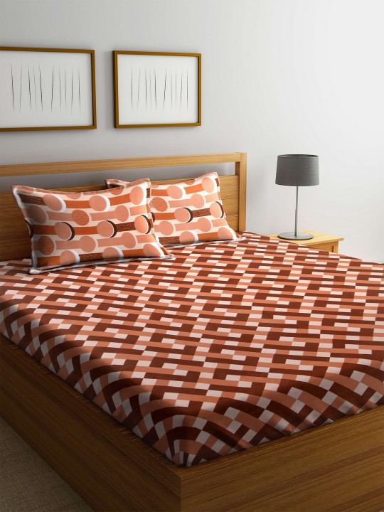 Brown & White Geometric Flat 160 TC Cotton 1 Queen Bedsheet with 2 Pillow Covers