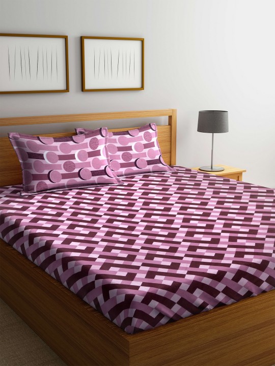 Pink Geometric Flat 160 TC Cotton 1 Queen Bedsheet with 2 Pillow Covers