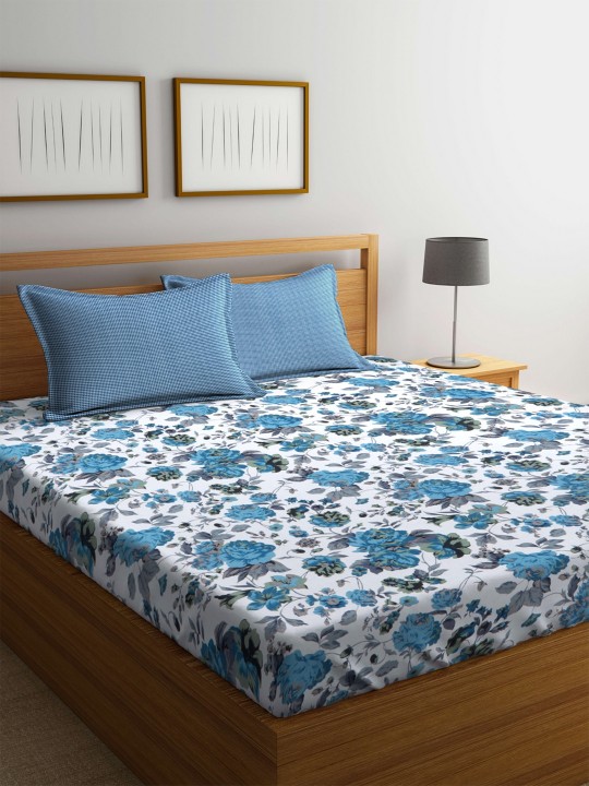 White & Blue Floral Flat 160 TC Cotton 1 Queen Bedsheet with 2 Pillow Covers