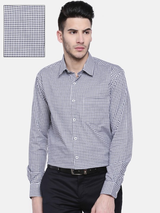 Men Navy Blue & White Slim Fit Checked Formal Shirt 38
