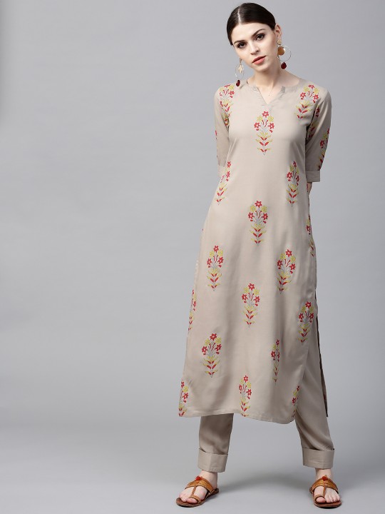 Women Grey & Red Printed Kurta with Trousers XS