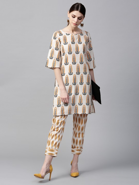 Women White & Mustard Yellow Printed Kurta with Trousers XS