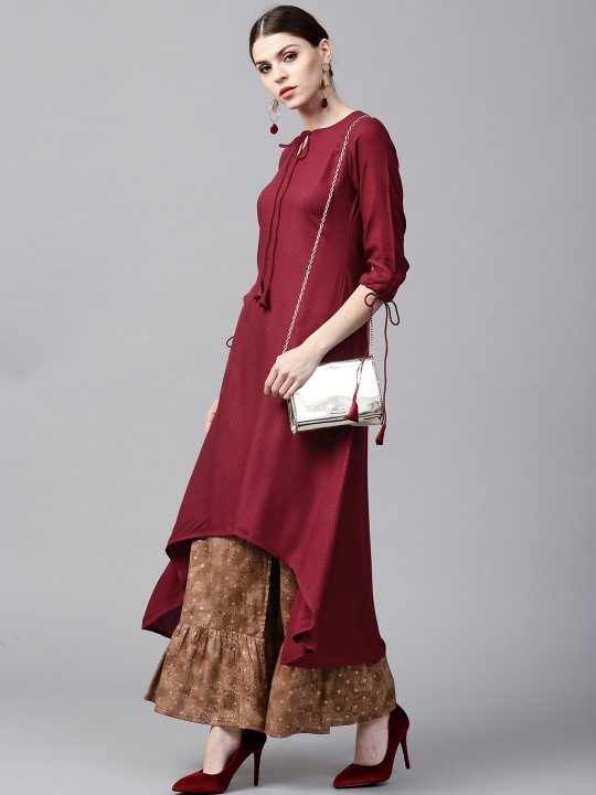 Women Maroon & Brown Self-Design Kurta with Palazzos XS