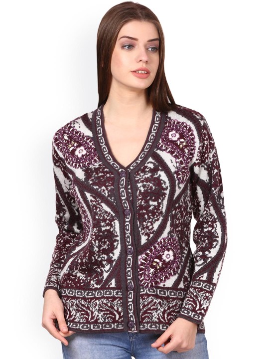 Women Maroon & Grey Printed Cardigan M