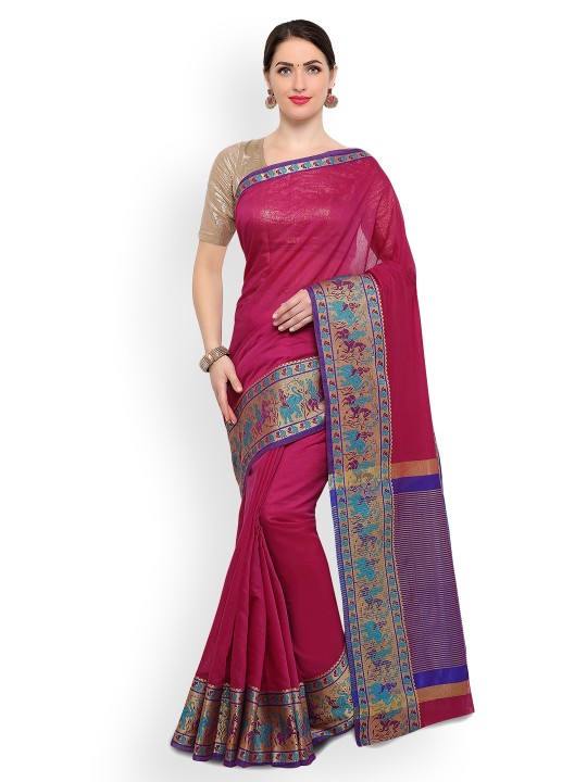 Magenta Solid Silk Blend Saree