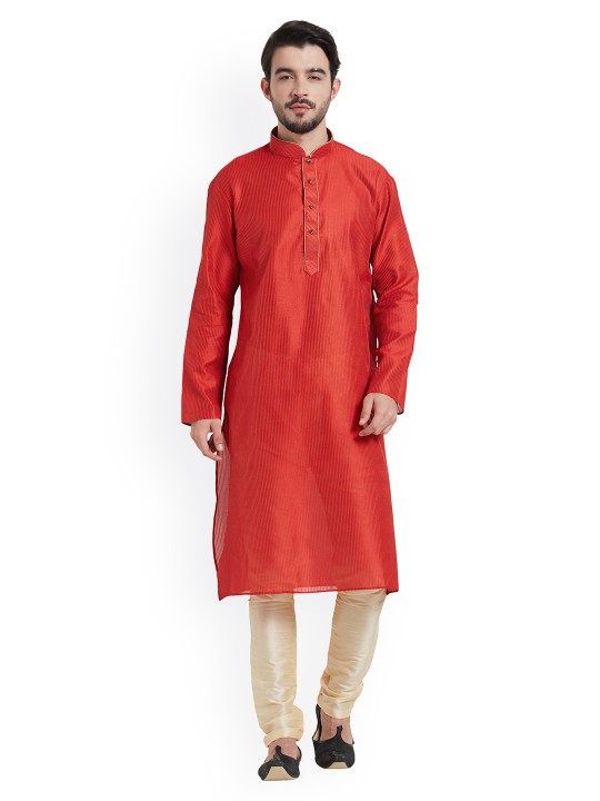Men Red & Cream-Coloured Embroidered Kurta with Churidar M