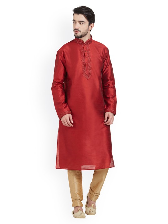Men Maroon & Beige Embroidered Kurta with Churidar M